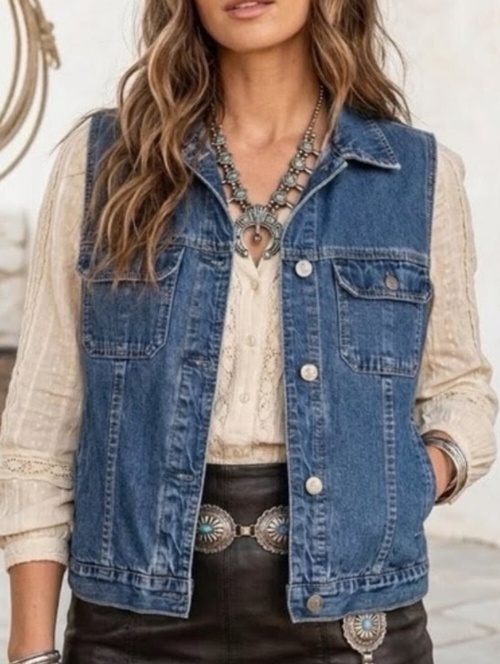 Eddie Bauer Petite M Denim Vest Western 90s Y2K Blue Jean Button Front